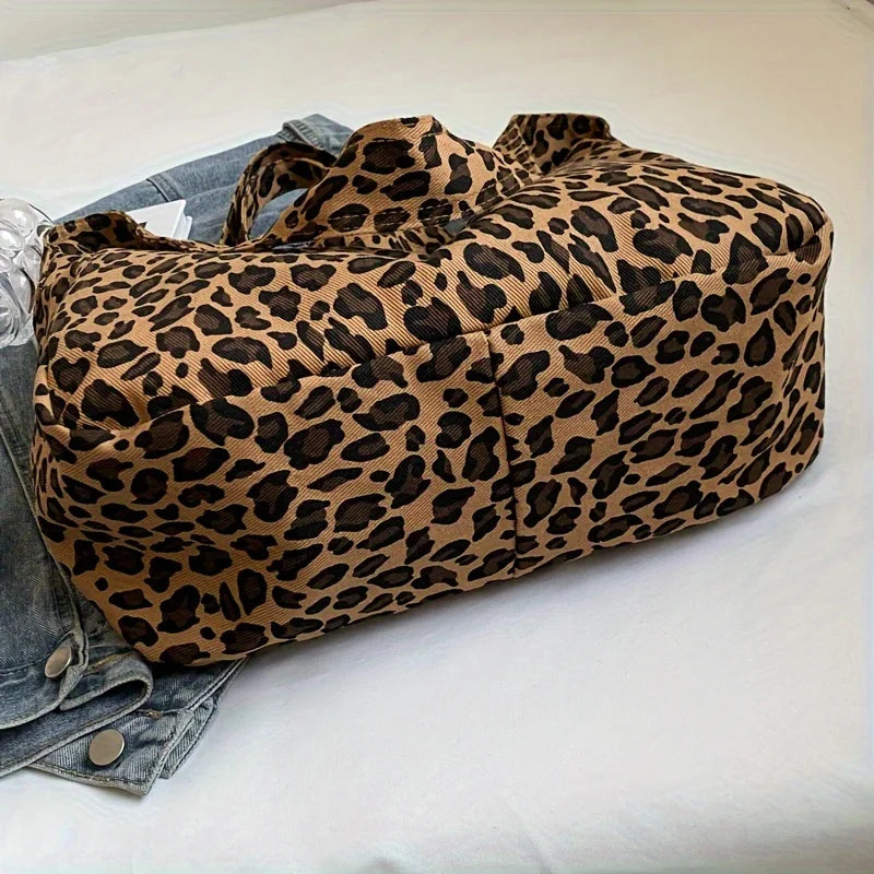 Vintage Leopard Print Women's Bag Large Capacity Canvas Shoulder Bags Daily Commuting Crossbody Bag.