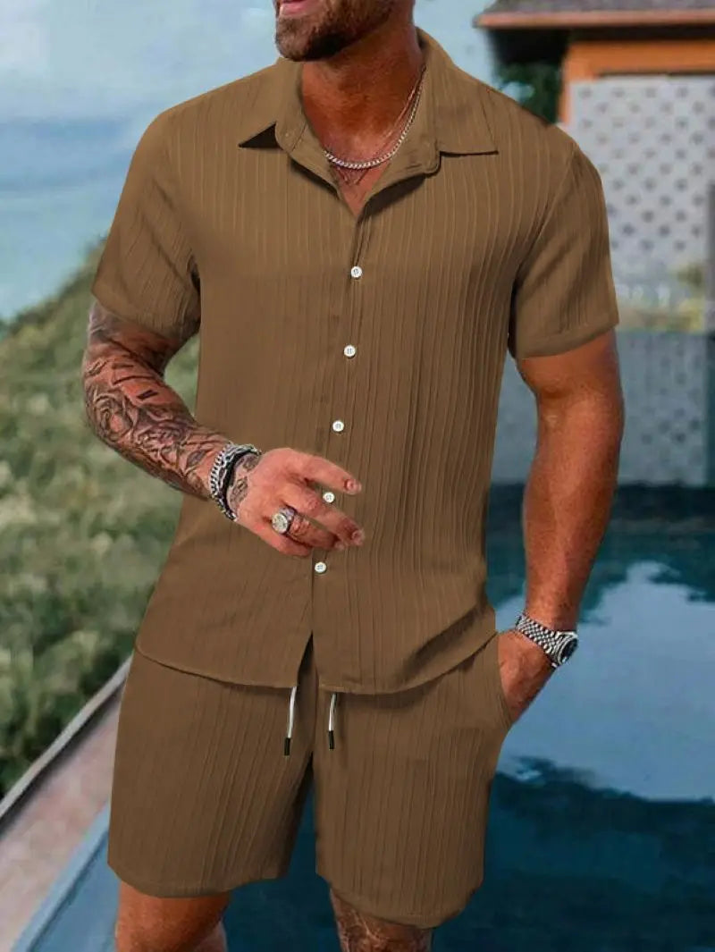 Spring and summer European Style new men's striped jacquard loose shorts and shirt set.   S-3x