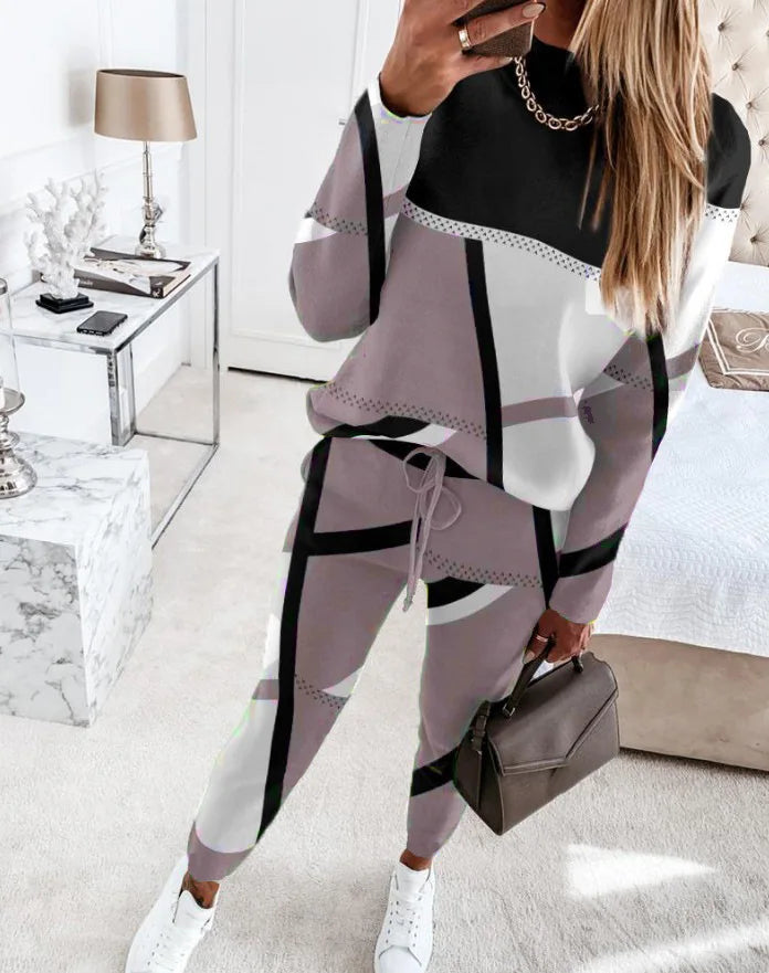 Spring New Contrasting Color Print Set Casual O-Neck Long Sleeved Top Long Pant 2 Piece Set 2025 Fashion Women Clothing.  S-3X