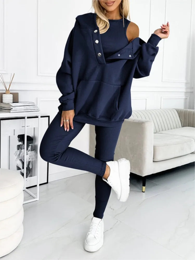 Women's Casual Loose Sport Suit Two-piece Fashion Solid Long Sleeved Hoodie And Sport Long Pant Set.  M-3X