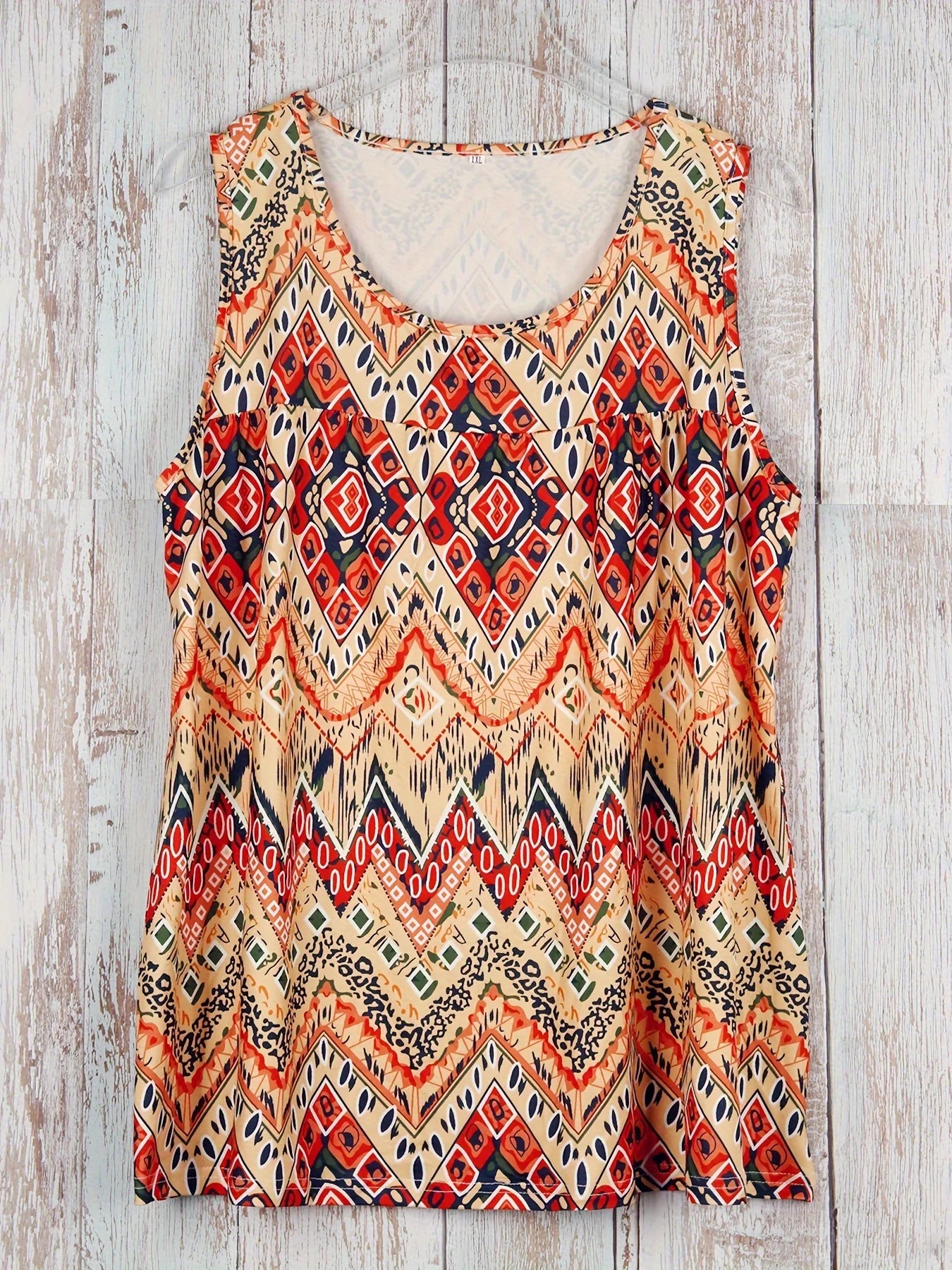 Plus Size Geometric Print Ruched Tank Top Casual Crew Neck Sleeveless Top For Summer Women's Plus Size Clothing