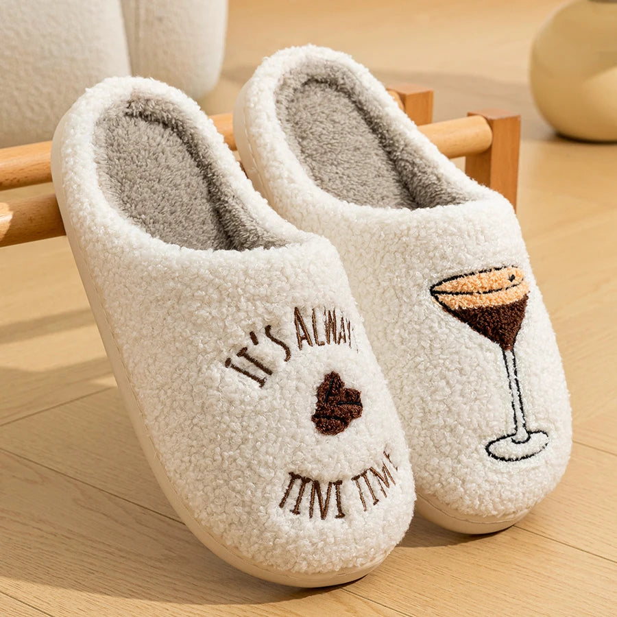 Women's Embroidered  Tini Time  Pattern Slippers - Cozy Winter Plush Home Shoes