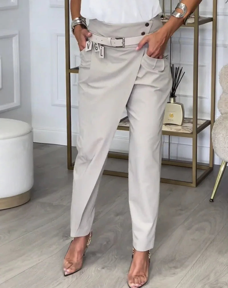 New Asymmetric High Waist Pants For Women Fashion Chic Belt Straight Pants Casual Solid Colour Bottoms.  S-3x