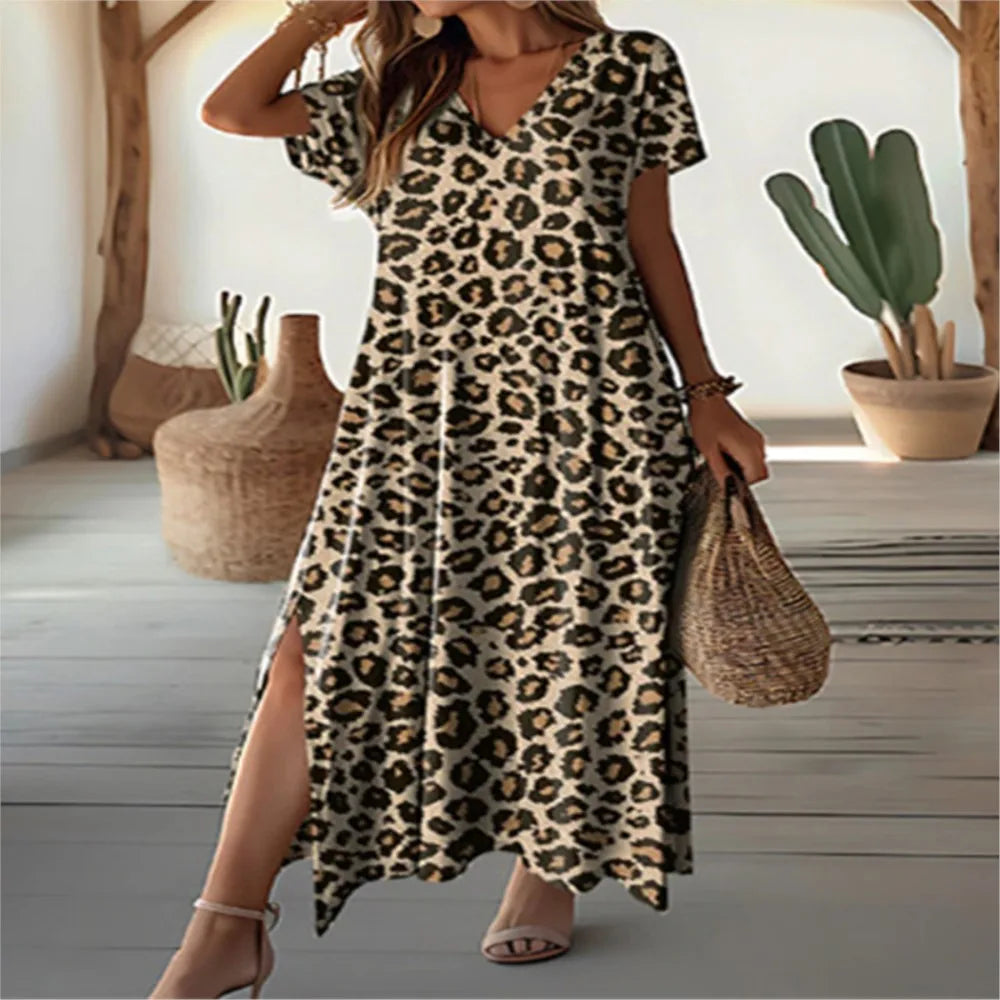 Casual Leopard Print Loose Long Dress Fashion V Neck Short Sleeve Maxi Elegant Dress.  S-3X