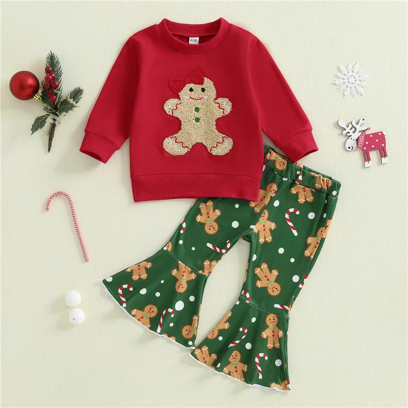 Kid Baby Girls Christmas Clothes Sets Children Long Sleeve O Neck Sweatshirt Tops Gingerbread Candy Cane Print Pants Sets