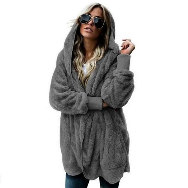 Double Fleece Cardigan Solid Colour Long Sleeve Plush Warm Hooded Lady Oversized Outerwear Coat.  S-5X