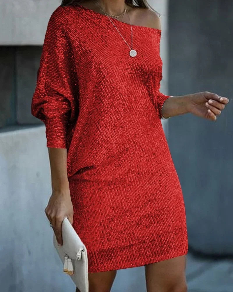 Sexy Slim-Fit Sequined Dress Long Sleeve Off Shoulder Slash Neck Party Formal Dress.  S-2X
