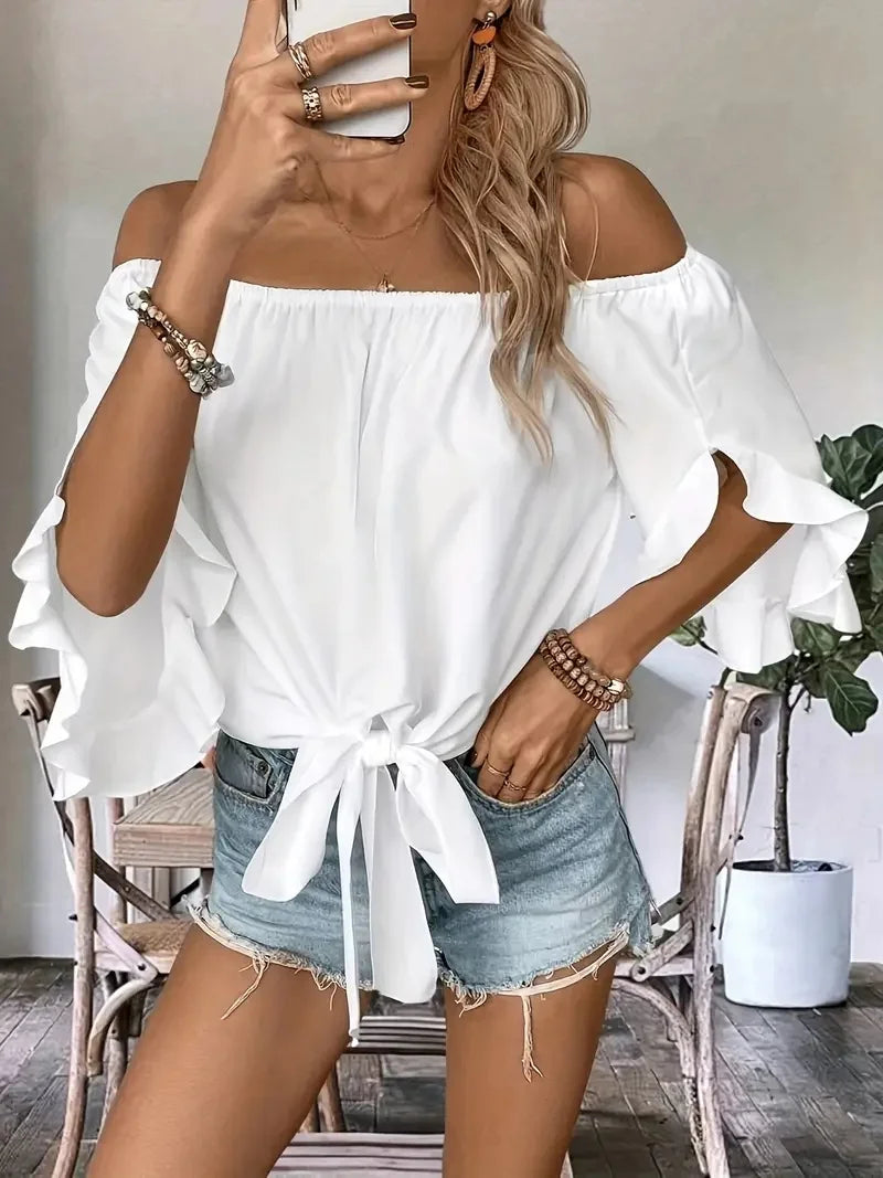 Summer One Shoulder Short Sleeved Top for Women Solid Colour Ruffle Sleeve Elegant Top.   S-2X