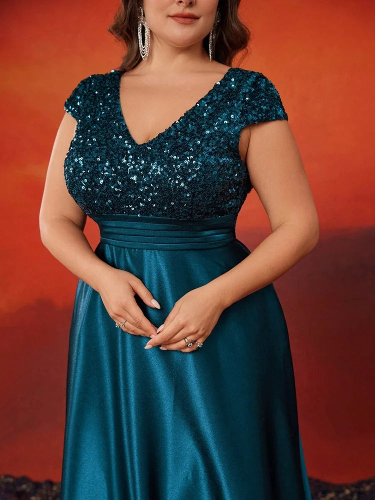Plus Size Elegant V-Neck Sequin Evening Dress Long Luxury Satin Short Sleeves Party, Prom, Cocktail Dress