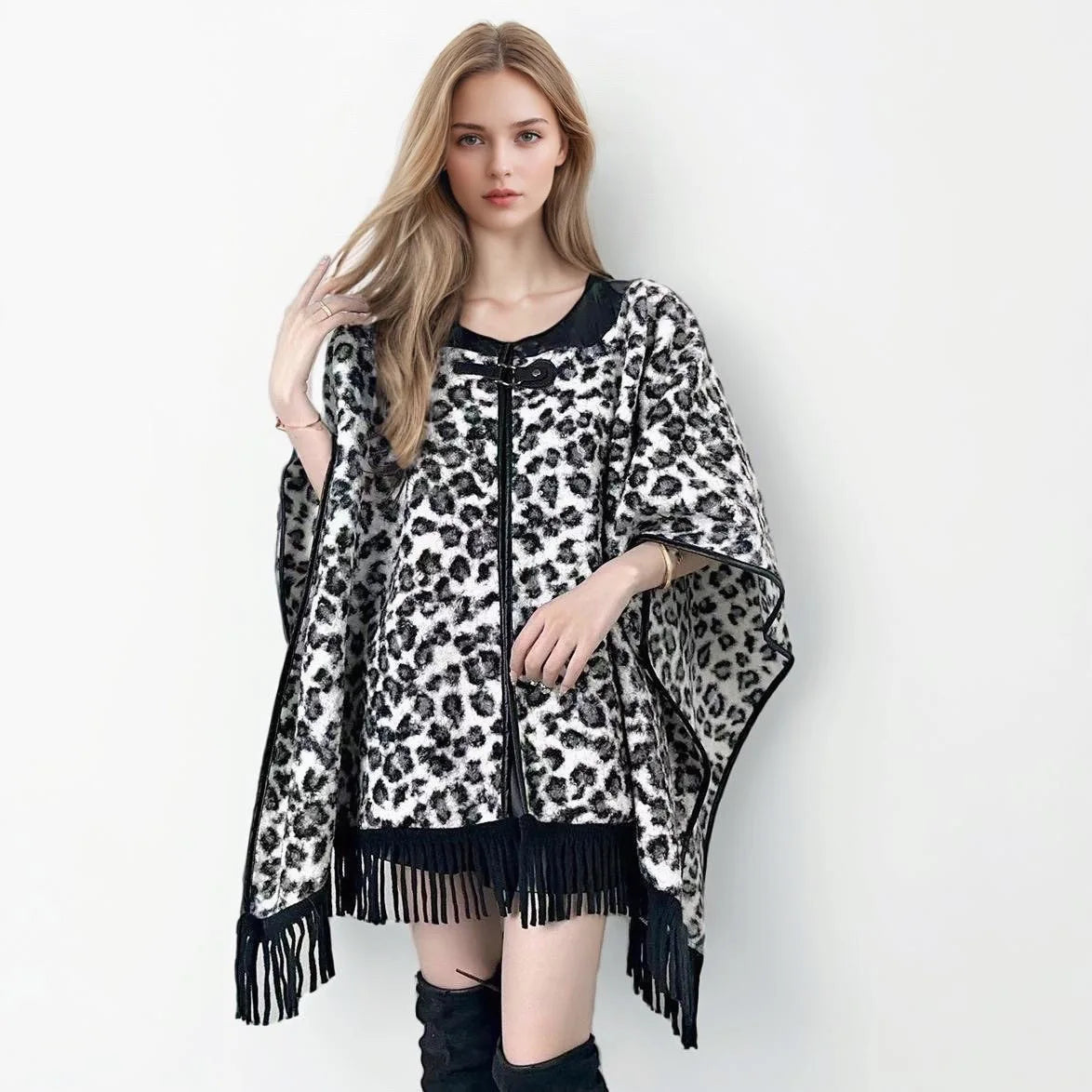 Quality Fashion Classic Leopard Zebra Stripes Like Wool Cape Coat Women Autumn Winter Outerwear Leather Collar.