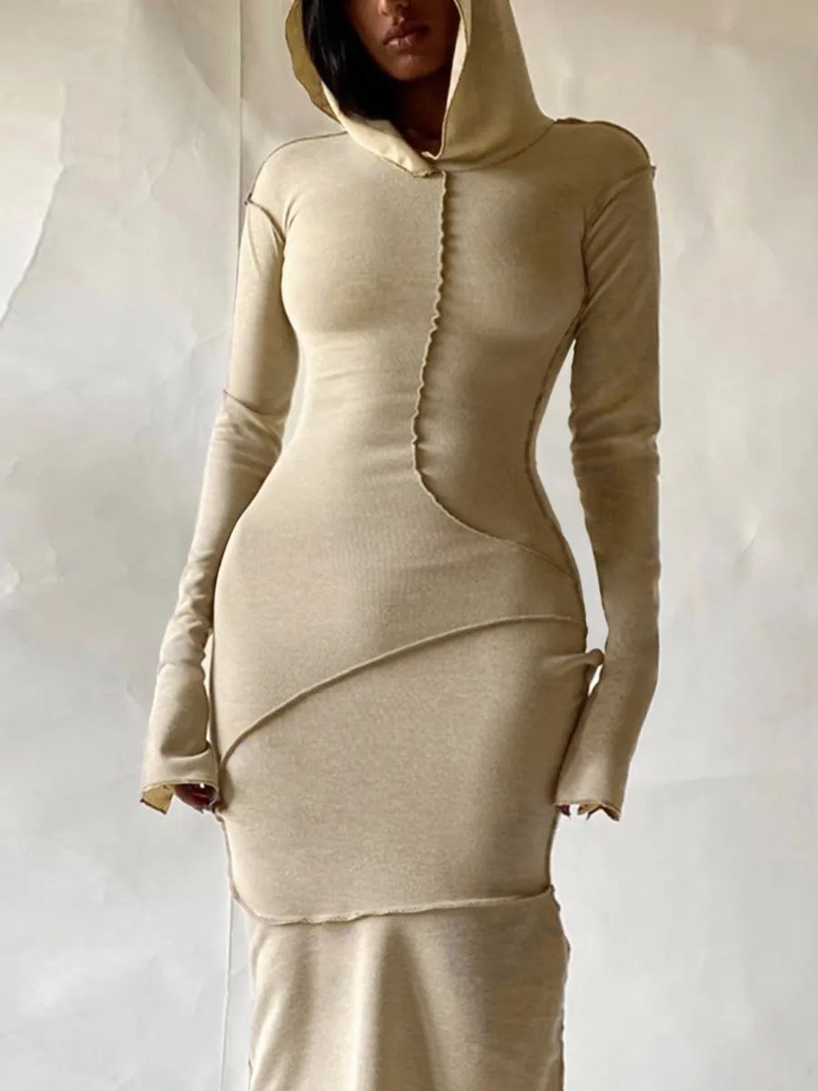 Curvy Size Hooded Body-Con Collar Dress, Detailed Stitching.