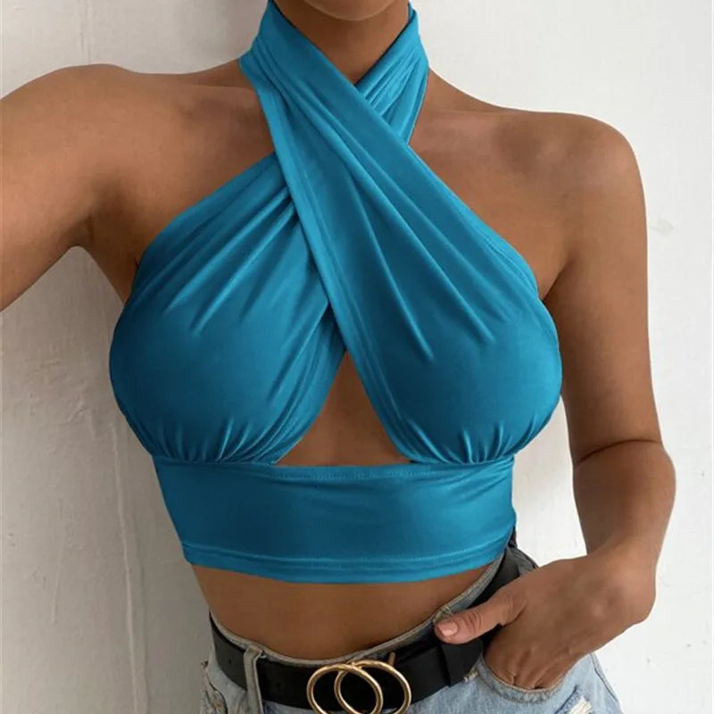 Women Cross Halter Neck Crop Top Sleeveless Backless Sexy Hollow Out Tank.