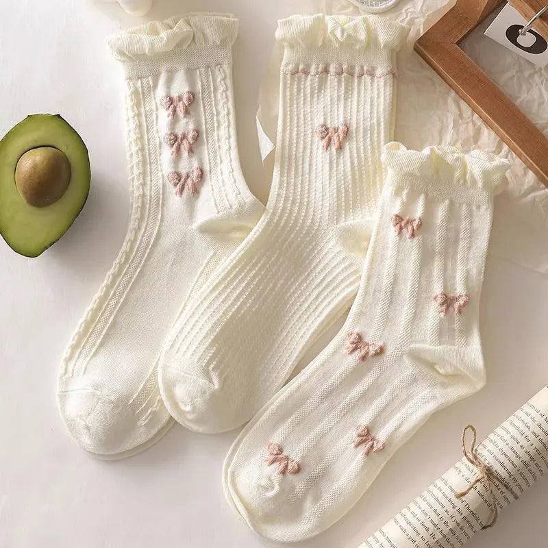 5/10 Pairs Women Lolita Style Mid Tube Socks Fashionable Bow and Small Flower Pattern Spring Summer Cute Sweet Casual Socks