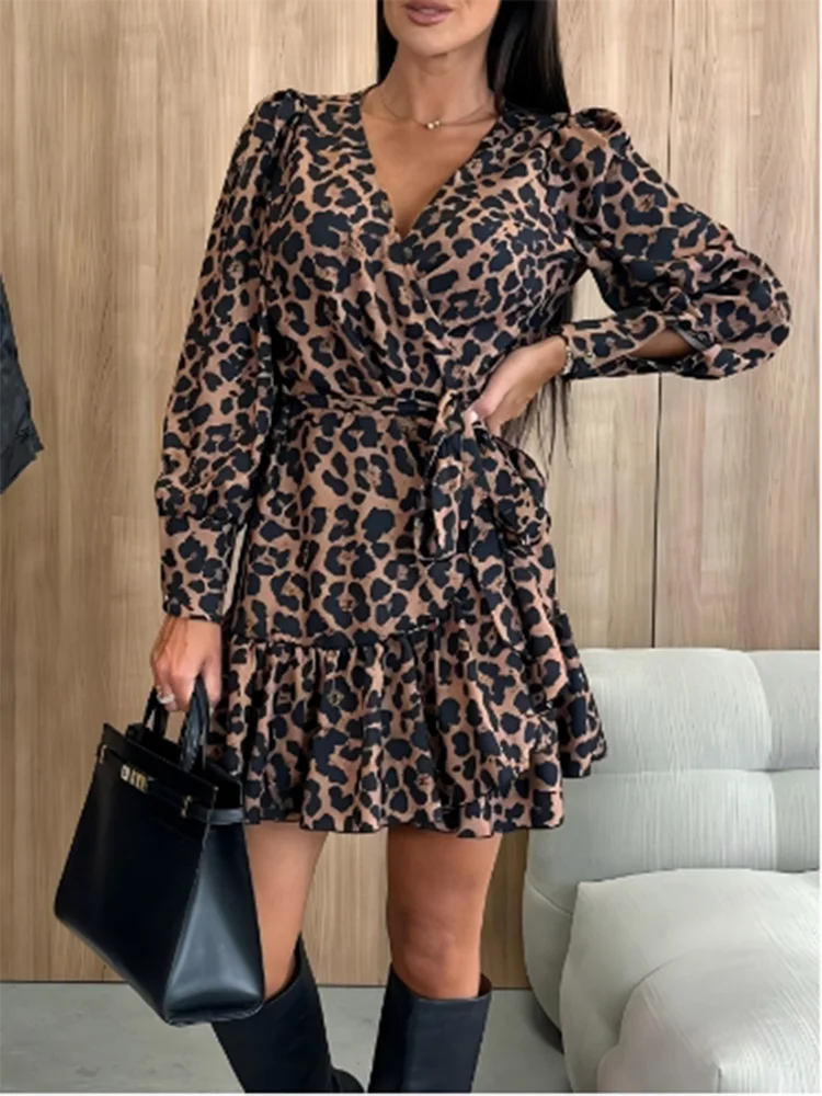 Women's Leopard Print V-Neck Long Sleeved Sexy Elegant Mini Dress.  S-xxL