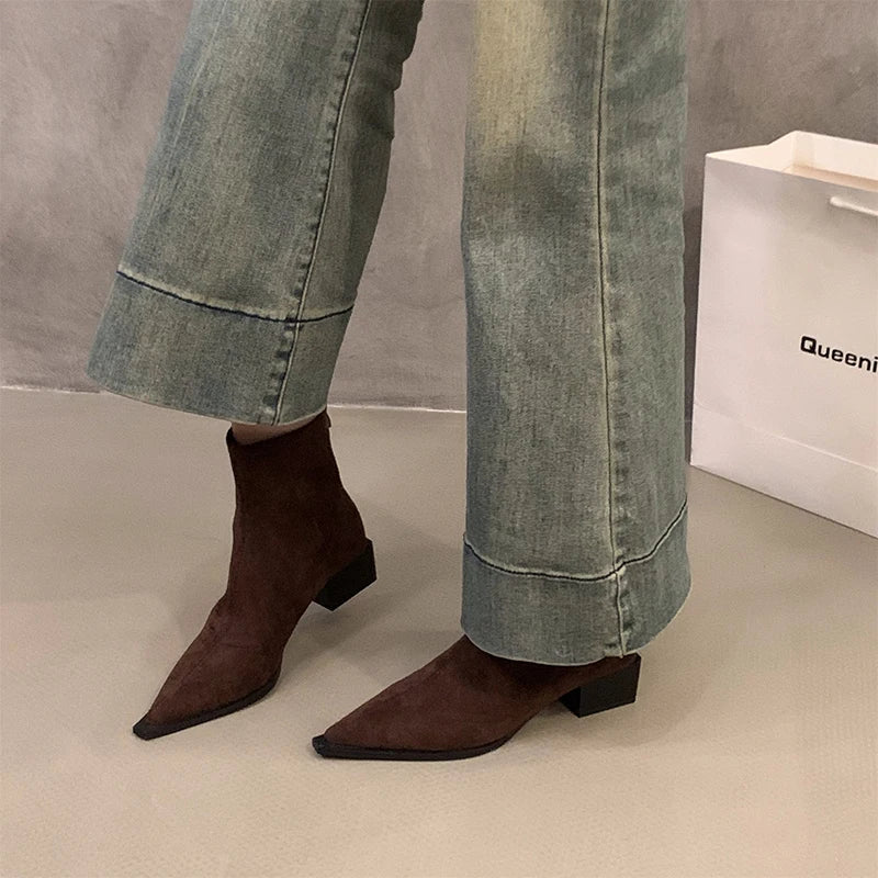 Designer Leopard Women Ankle Boots Fashion Pointed Toe Short Booties Ladies Concise Square Heels Shoes
