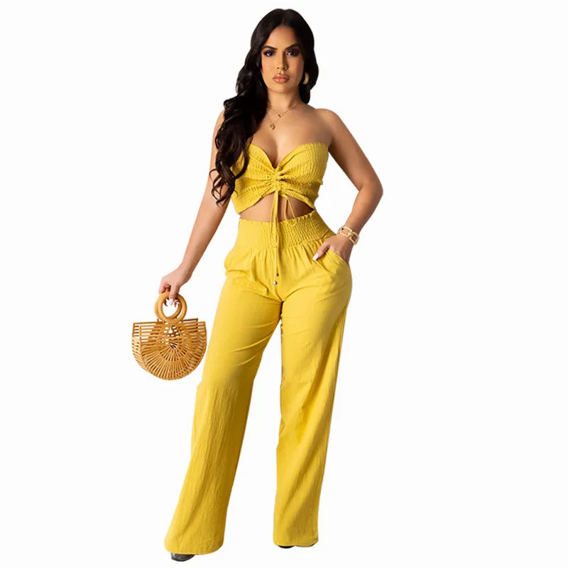 Women Two Piece Sets Halter Matching Sets Backless Short Top Wide Leg Long Pants Elastic Waist Casual Wear