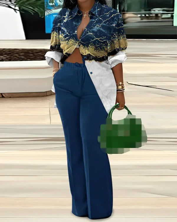 Women's Fashion Casual Printed Long Sleeved Pants Set Sexy Hip Long Pants And Shirt Two Piece Set.  S-3X