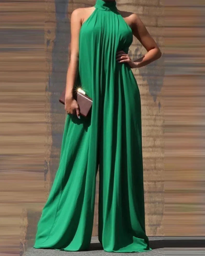 Women High Neck Sleeveless Wide Leg Jumpsuit