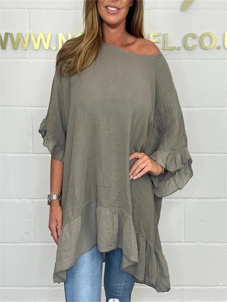 Plus-size women's Blouse ruffled fashion elegant bat sleeve loose solid colour.  L-5X
