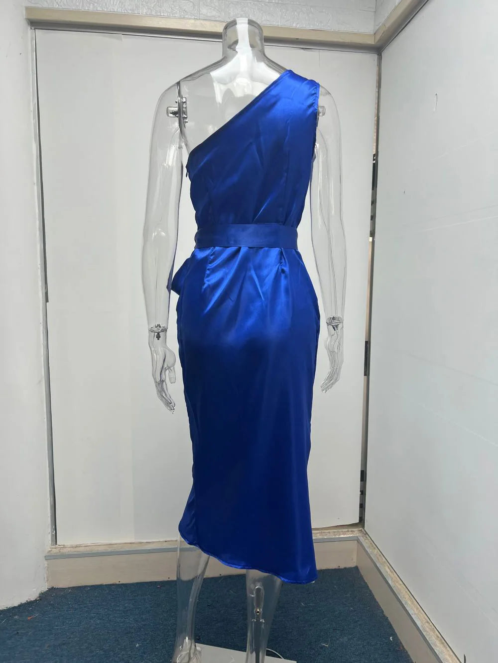 New European Style irregular diagonal shoulder belt, slim fit satin dress.  S-XXL