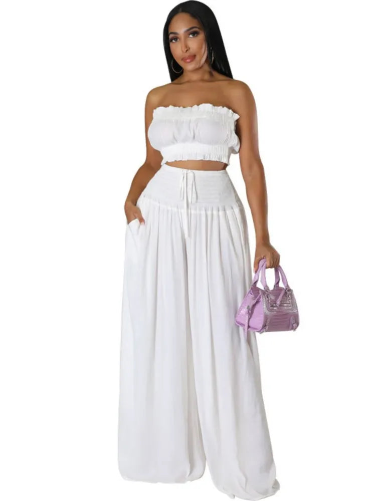 Sexy Ultra Short Breast Wrap And Pants Stylish Ladies 2 Piece Strapless Top + Loose Wide Leg Pant Suit.  S-xxL