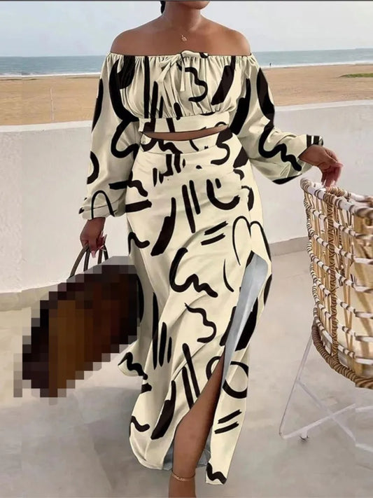 Casual Off Shoulder Sexy Slit Printed Loose Long Skirt Two Piece Set For Women Vacation Summer Outfit.  S-3X