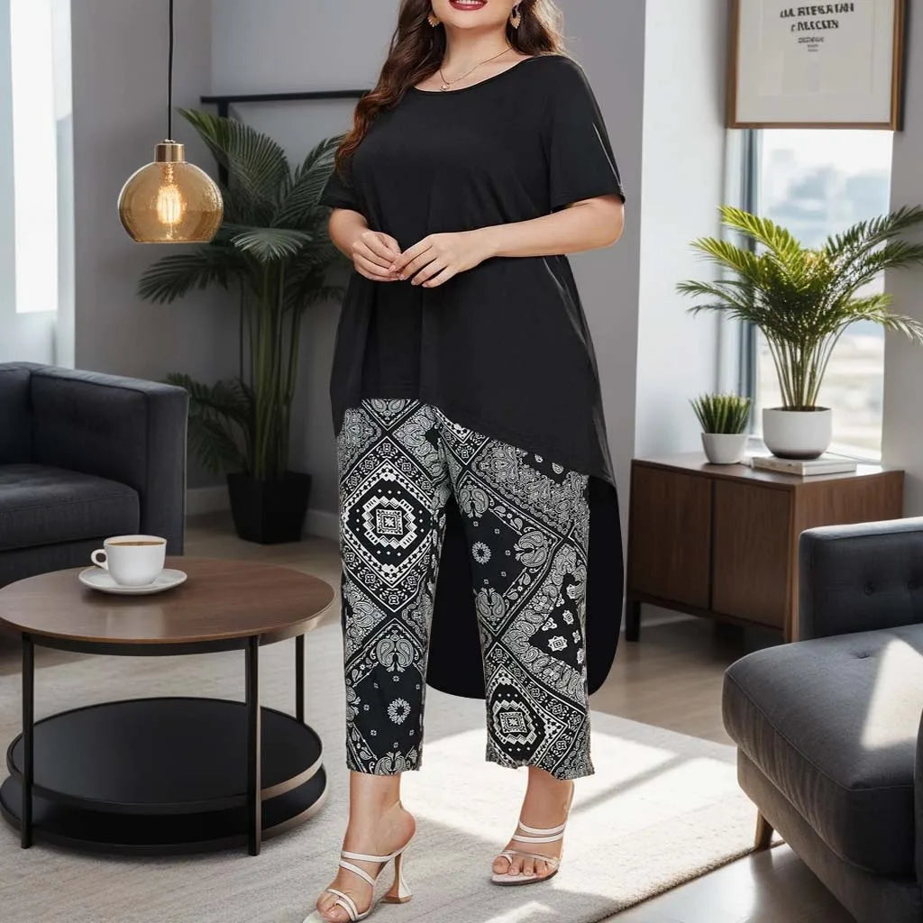 Plus Size Women's Suit Shirt and Printed Loose Cropped Pants Casual Fashion