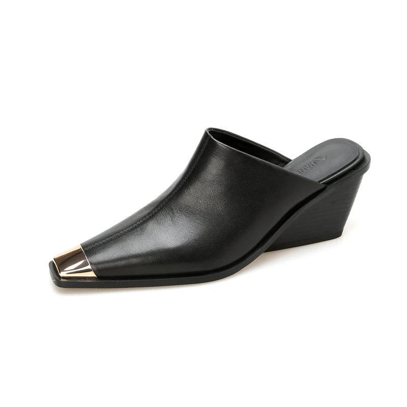 Women's New Summer Metal Headed Genuine Leather Cowhide Large Square Headed Retro Muller Slip on Shoe
