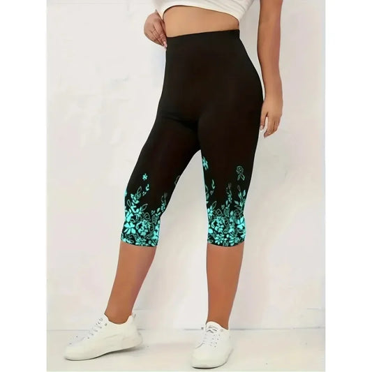 Ladies Casual Slim Fit Capri Leggings, Fashion Floral Print High Waist.