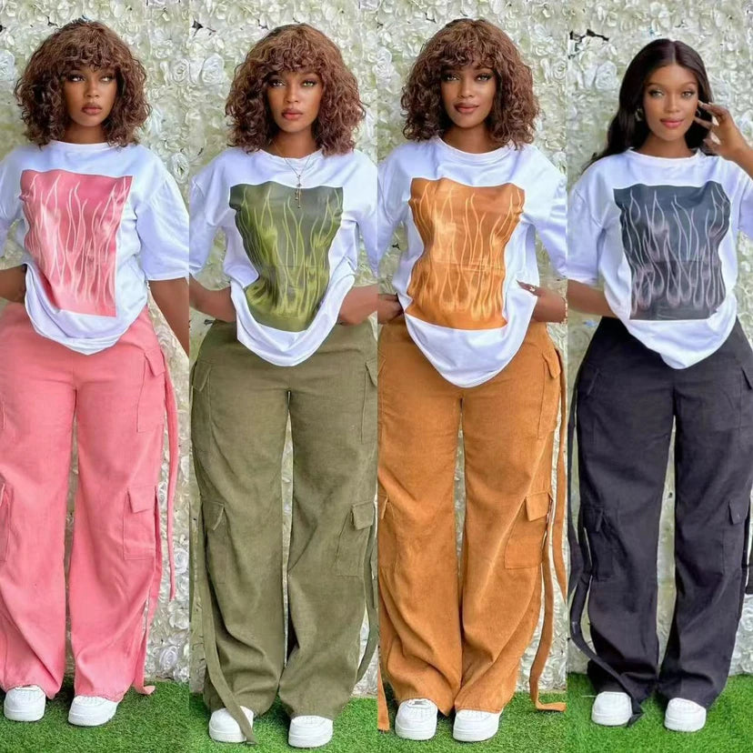2 Pieces Women's Spring Summer Pocket Pullover Casual Short Sleeve Tops And Pant Suit.