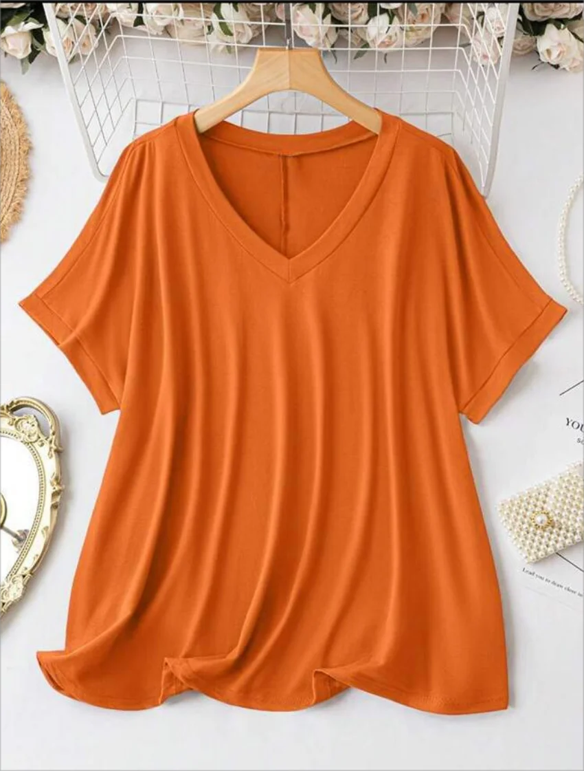 New Plus Size European Women's Casual V-neck Solid Shirt