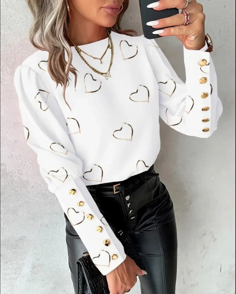 Women's Fashionable Heart Printed Long Sleeved Top with Round Neck Button Casual Blouse.  S-xxl
