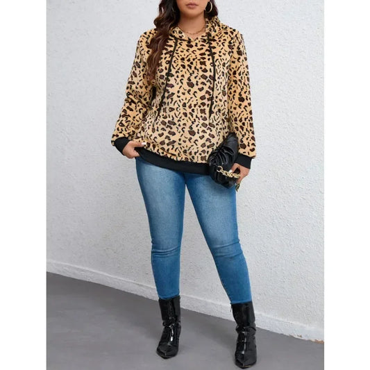 Plus Size Leopard Print Hooded Top - Women's Long Sleeve Hoodie (1X-5X)