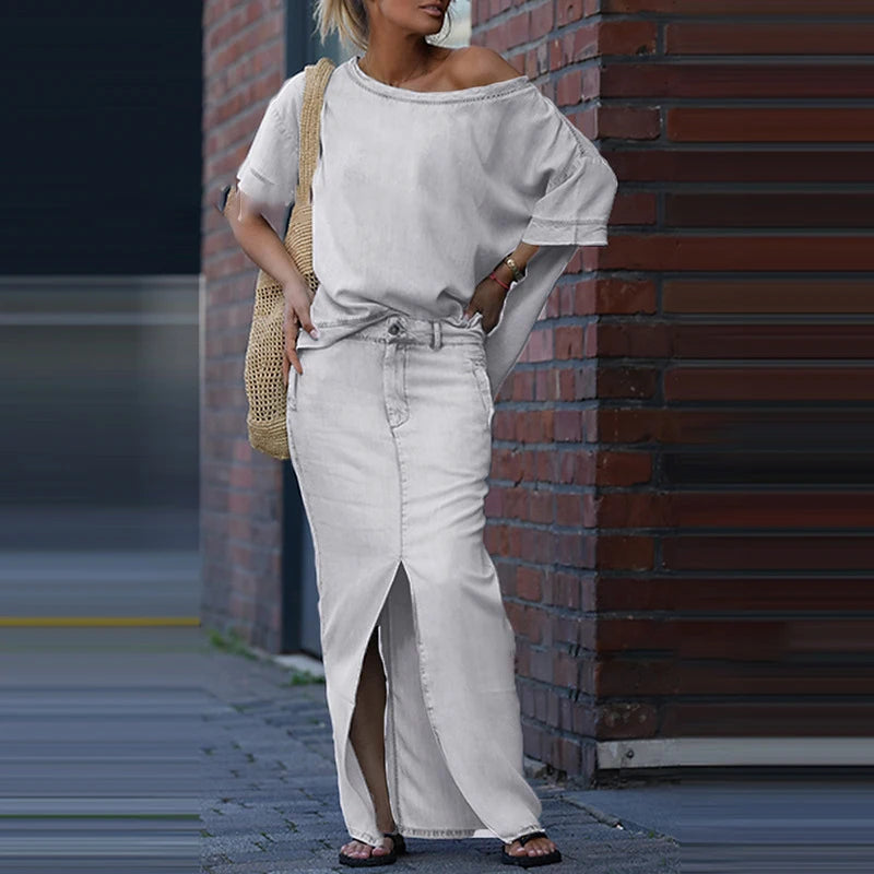 New Women's Two Piece Set Skew Collar Hollow Out Top Pullover & Split Skirt Outfit Simple Solid Outfit.