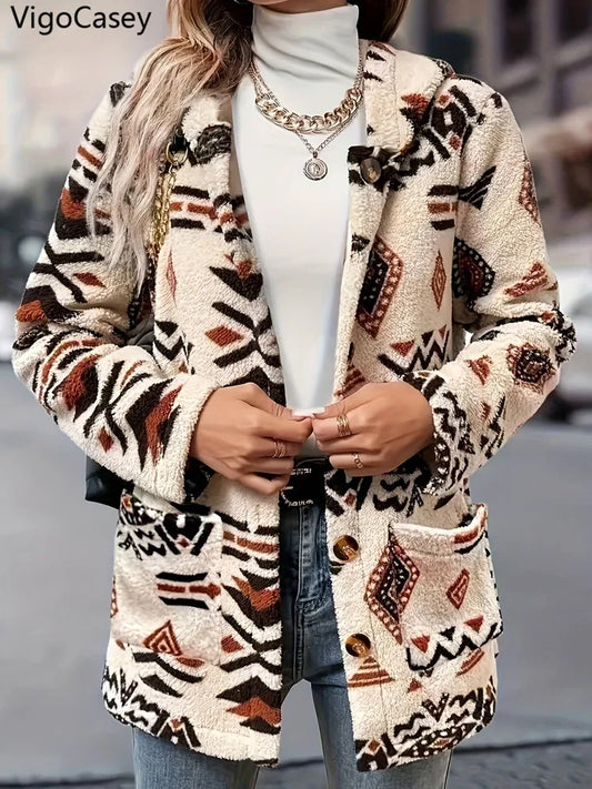Women's Printed Hooded Jacket - Plush Warm Button-Up Coat (S-2X)