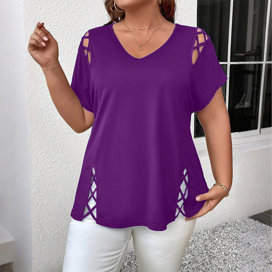 Plus Size Women's Solid Short Sleeve V-Neck Hollow Out Casual Top.