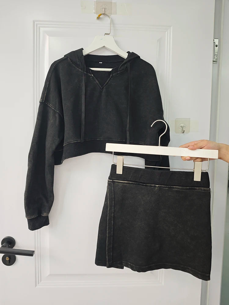 Vintage Short Sweatshirt And Skirt Set New Spring Autumn Pullover Top+ Slit Skirt.