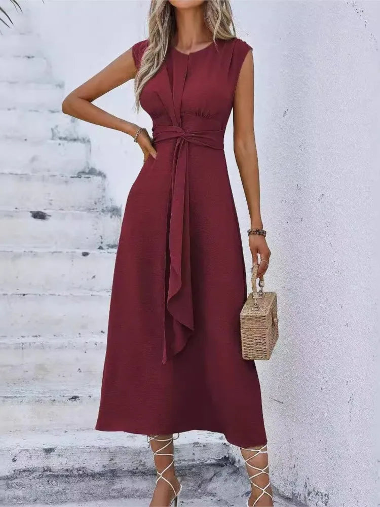 Women's Summer Solid Color Waistband Long Sleeveless Slim Elegant Dress 2025.   S-2X