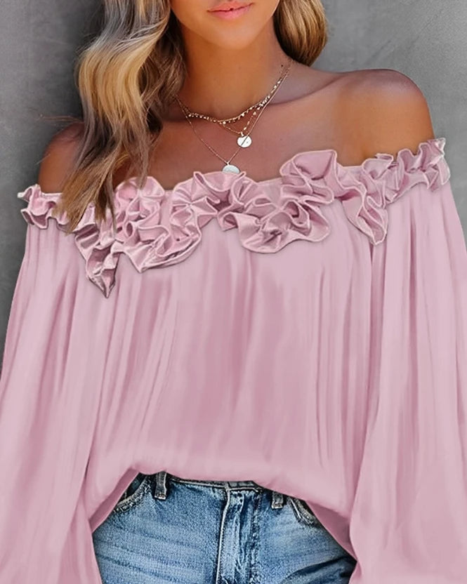 Spring Summer Women's Blouse Solid Colour Pleated Loose Ruffle Hem Lantern Sleeve Top Off Shoulder Shirt