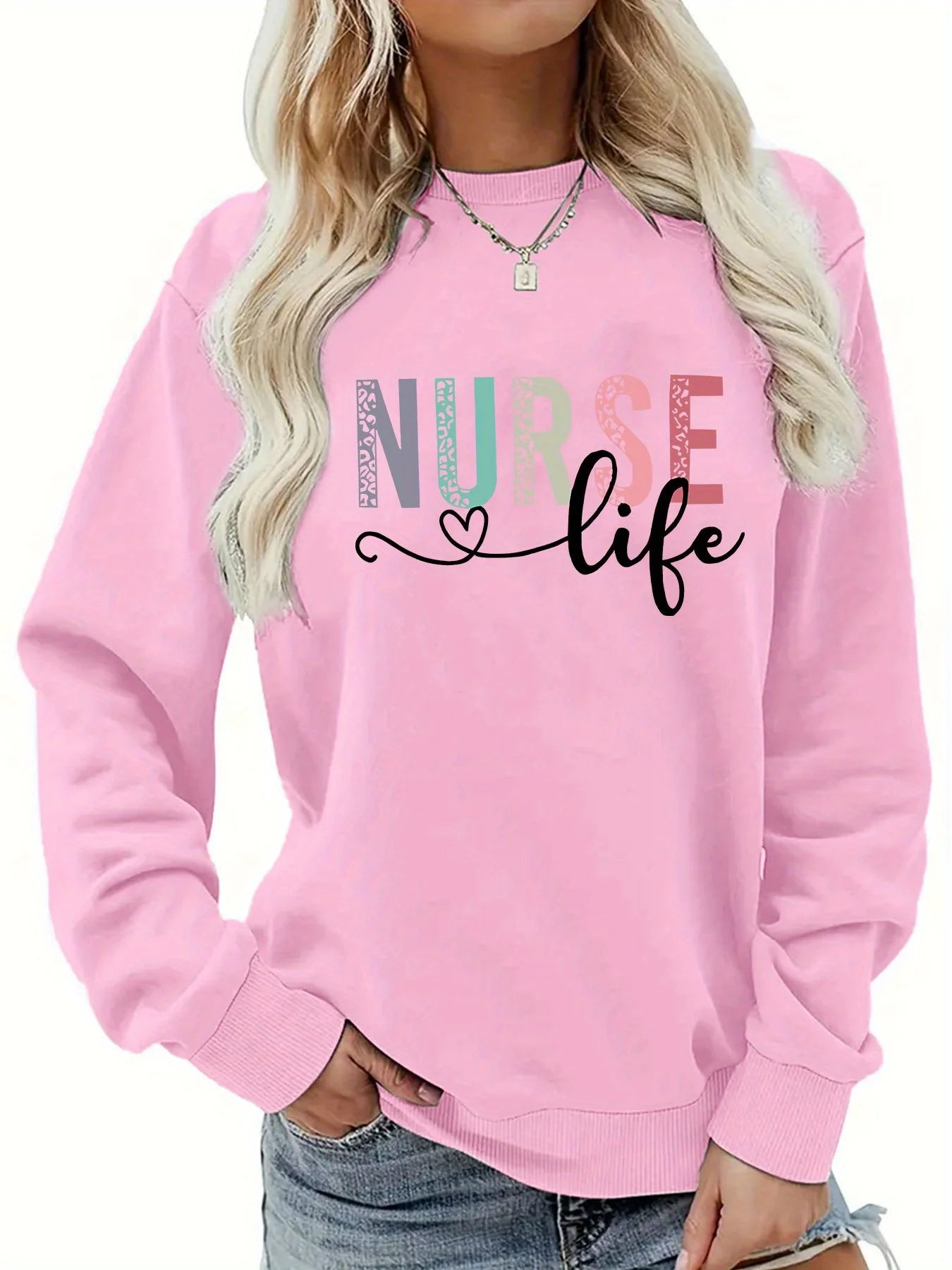 Women's Casual NURSE Print Pullover Sweatshirt  Long Sleeve Round Neck Machine Washable.   S-2X