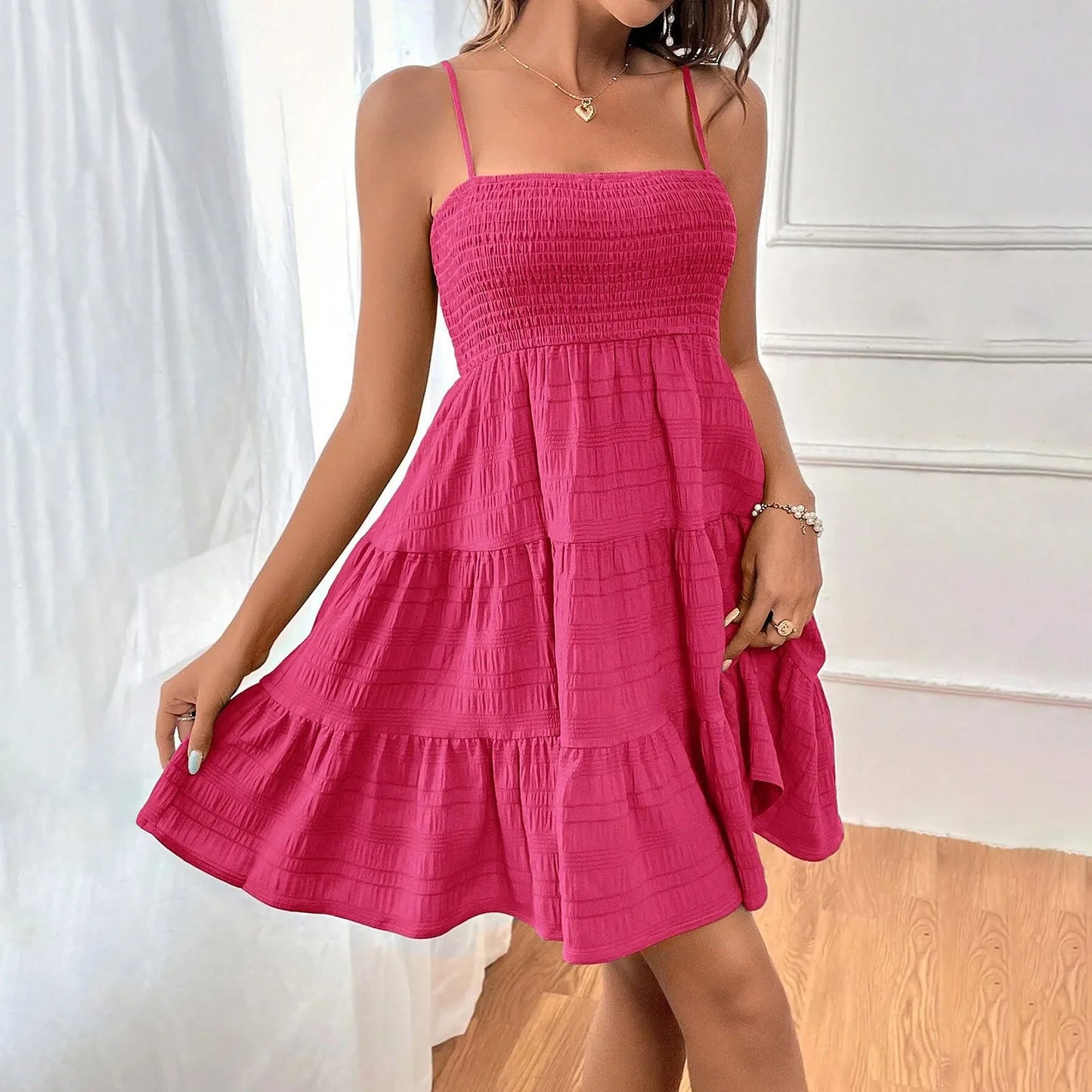Bohemian Beach Sundress Sexy Sleeveless Backless Swing Mini Dress Solid Spaghetti Strap Ruffles Dress.  S-2X