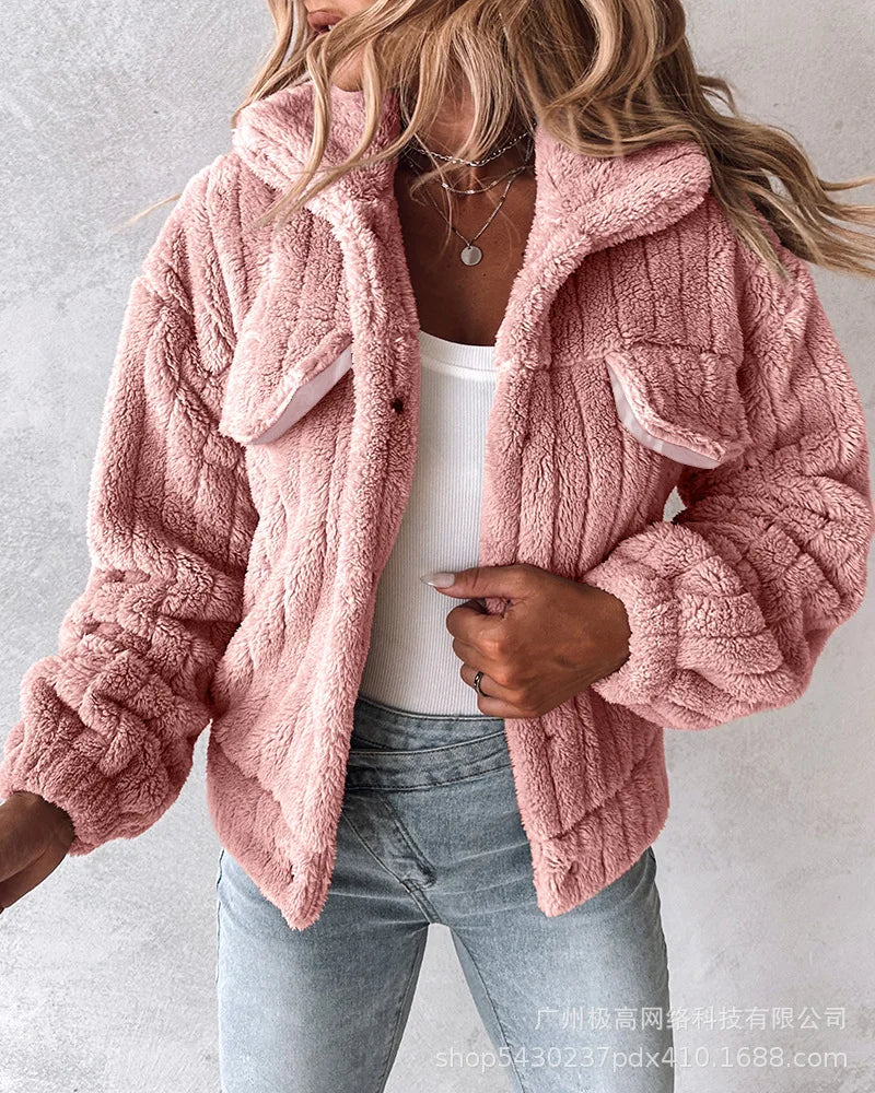 Women's Outerwear Solid Color Long Sleeved Lapel Fashionable Plush Thick Coat.  S-XL
