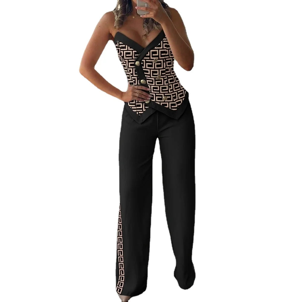 Women Two Piece Sleeveless Vest Double Breasted Chain Straps Geometric Print Side Striped Working Pants