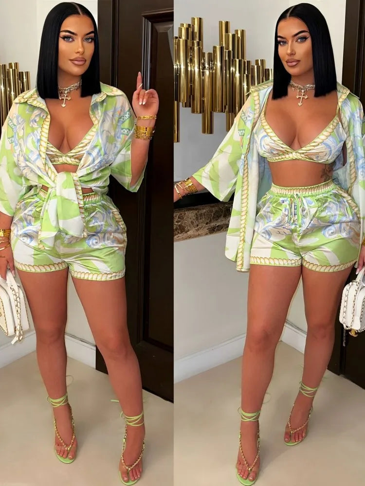 3 Pieces Sexy 2025 Summer Spring Fashion Women Set 3/4 Sleeve Shirt Tops And Shorts Suit Matching Outfit.  S-2X