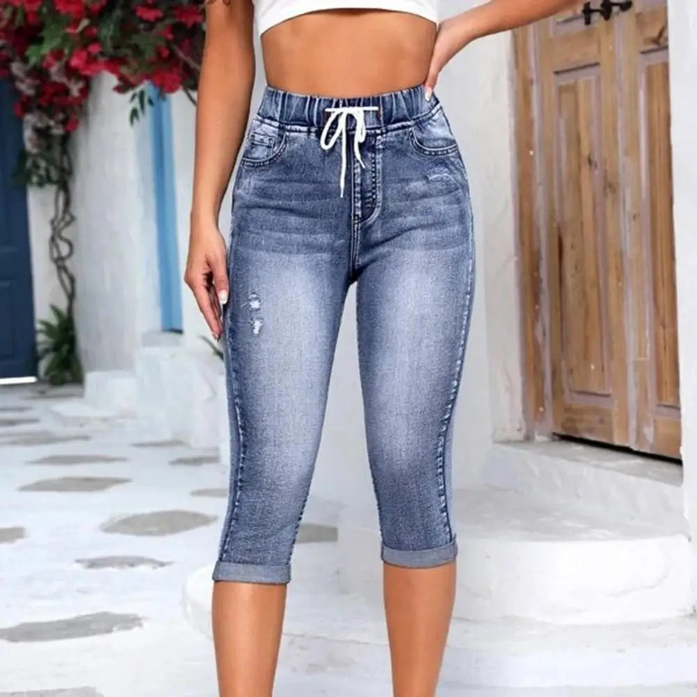 High Waist Vintage Elastic High Waist Drawstring Denim Pants/Capri Jeans Slim Fit