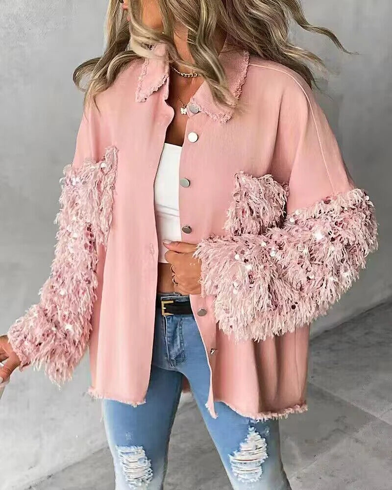 Women’s Turn-down Collar Jackets Contrast Leopard Sequin Patchwork Long Sleeve Jacket/ Top Button Front Raw Hem Shacket