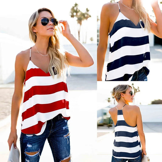 S-XXL Women's Basic Stripe Adjustable Spaghetti Strap V Neck Tank Top
