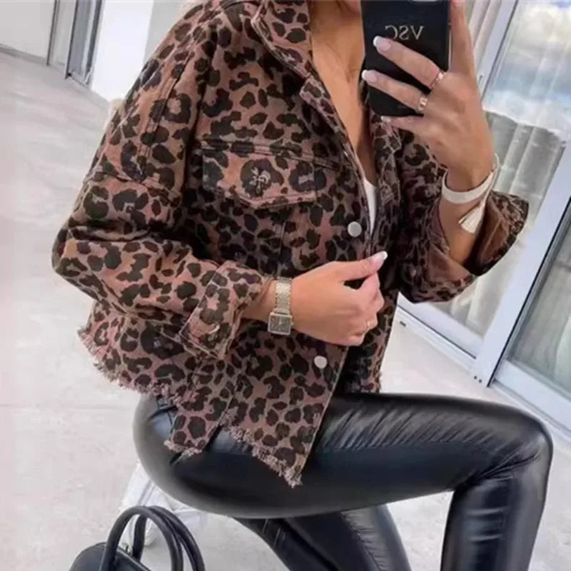 Fashion Leopard Print Tassel Hem Casual Lapel Single-breasted Denim Jacket.  S-XL