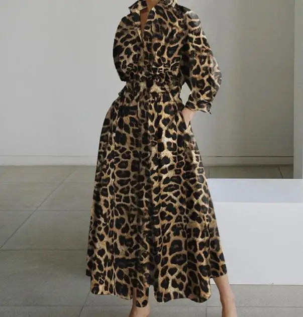 Women Fashion Leopard Print Long Sleeve Swing long Elegant Dress .  S-5X