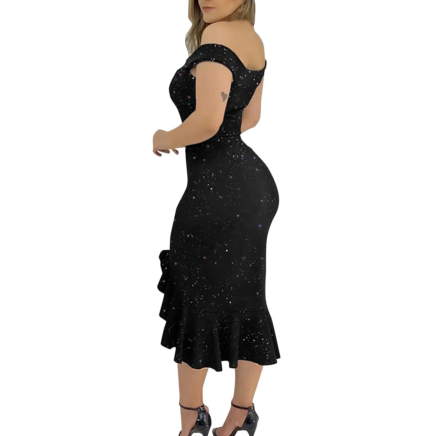 Women's Fashion Sexy Summer Off Shoulder  Short Sleeve Sequin Ruffle Irregular Elegant Dress.  S-2X